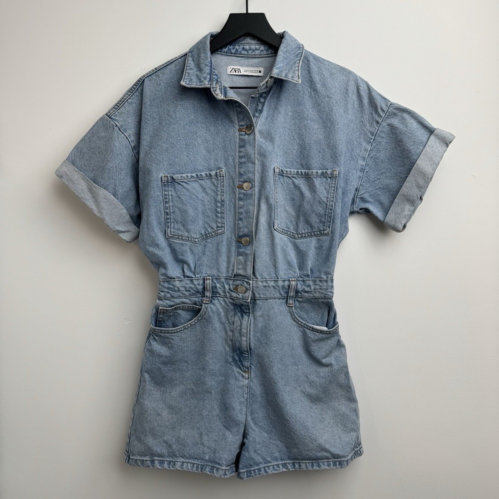 Zara Jumpsuit Denim M Blue Short Romper Utility Workwear Jeans Women's